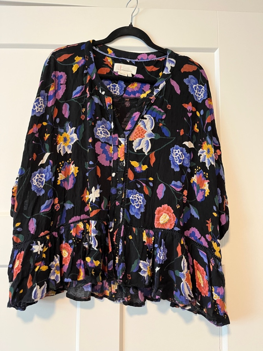 Anthropologie Black Floral Blouse with Purple, Blue, Yellow and Orange Flowers - Picture 8 of 8